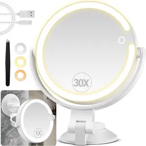 30X/1X Magnifying Mirror Suction Cup with Powerful Locking, Wall Mounted Makeup Mirror, Double-Sided Shaving Mirror, Bathroom Mirror with 3-Color Lights, Travel Shower Mirror (7-inch)