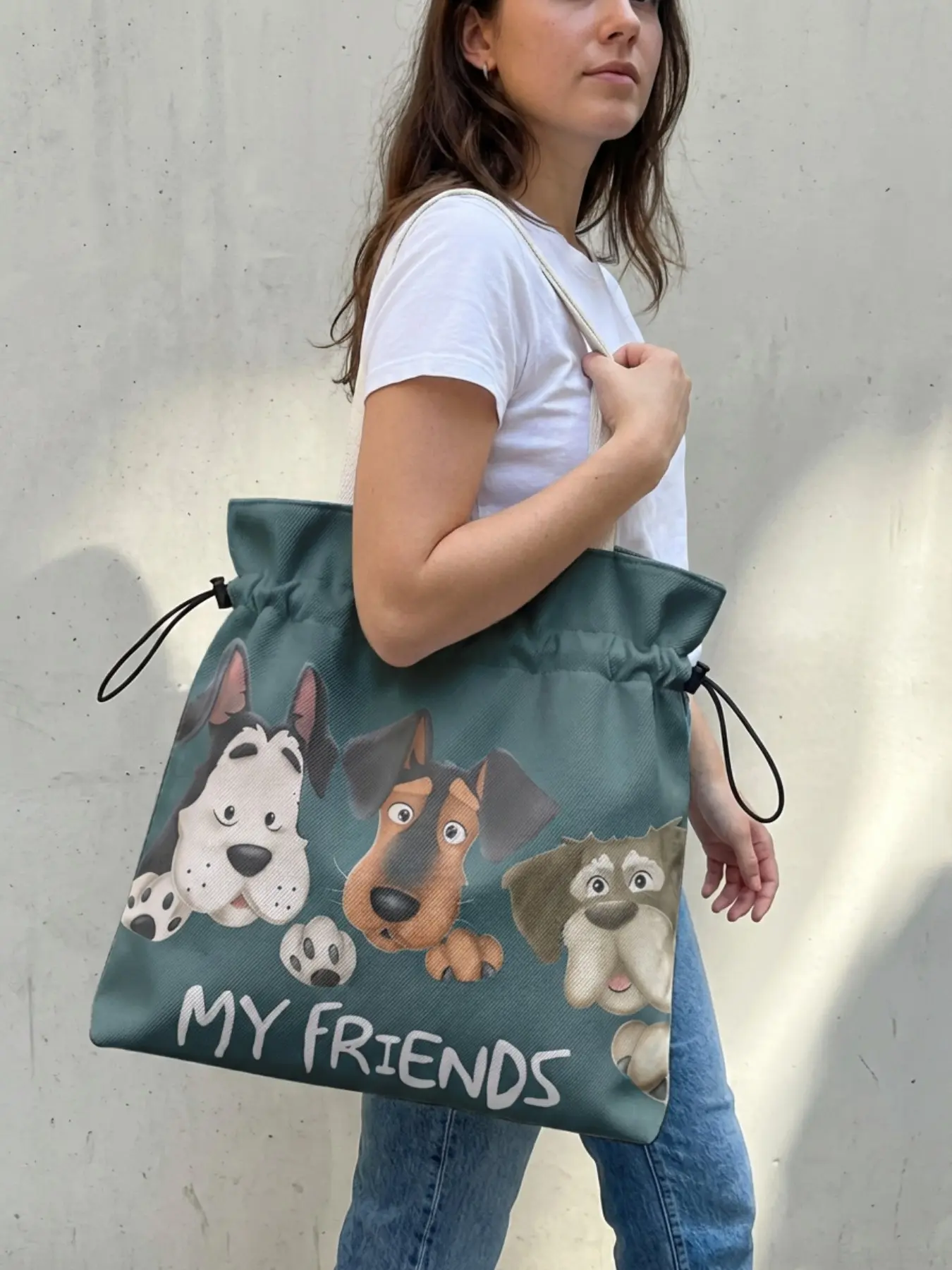Dog Pattern 2D Printed Drawstring Tote Bag, Large Capacity Shopping Bag, Durable and Wear-Resistant, Random Print, Casual Style, Fashionable Unique Bags