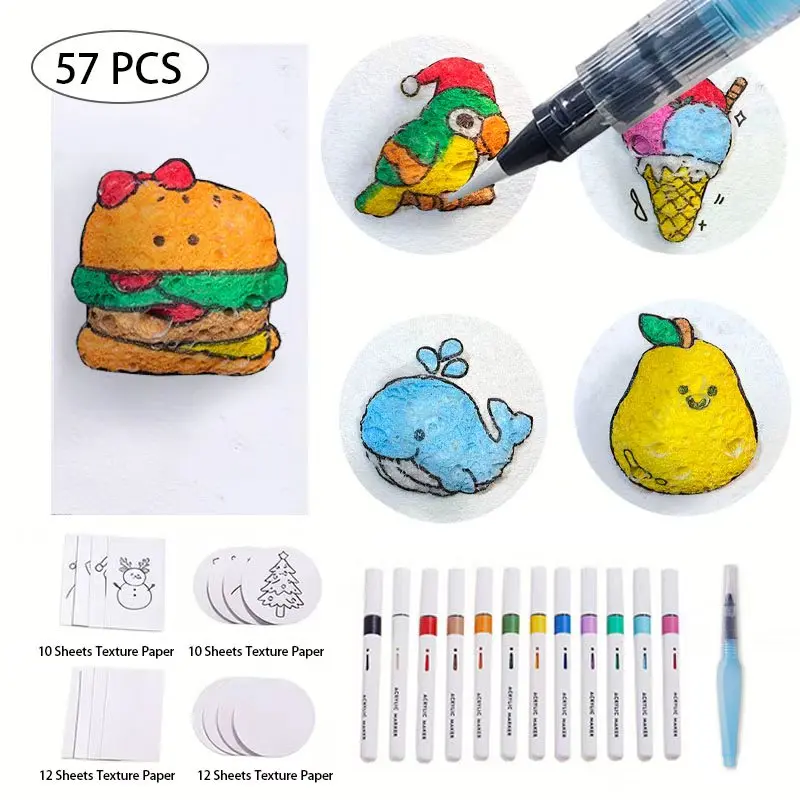 57 Piece Magic Foam Texture Painting Set, Creative 3D Stereo Style, Includes 44 Textured Papers, 12 Color Acrylic Brushes, DIY Crafts, Acrylic Marker Pen, Art Supplies Kit