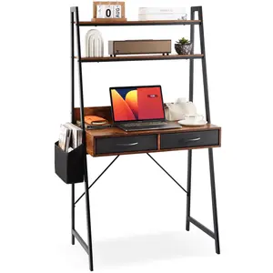 Small Home Office Study Reading Desk with Power Outlets, Freestanding Ladder Desk with 2 Fabric Drawers and Side Bag, 2 Tier Shelf / LED Lights Computer Desk