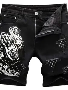 Men’s summer straight-leg black printed distressed ripped denim shorts — European/American fashion trend