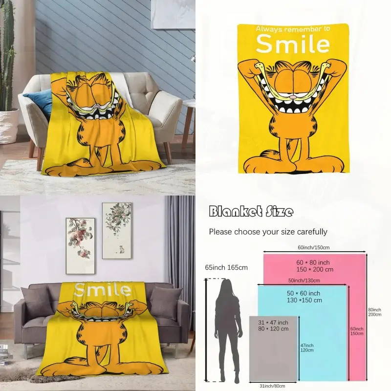 Garfield Flannel Blanket with Vibrant Cartoon Design Soft Cozy Throw for Couch Bed Camping Travel Cheerful Smile Theme Ideal Gift for Holidays Birthdays Fans