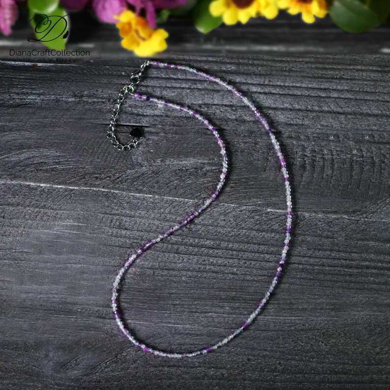 Natural Rainbow Fluorite 2mm Faceted Beaded Choker Healing Crystal Laying Dainty Necklaces Gift For Her