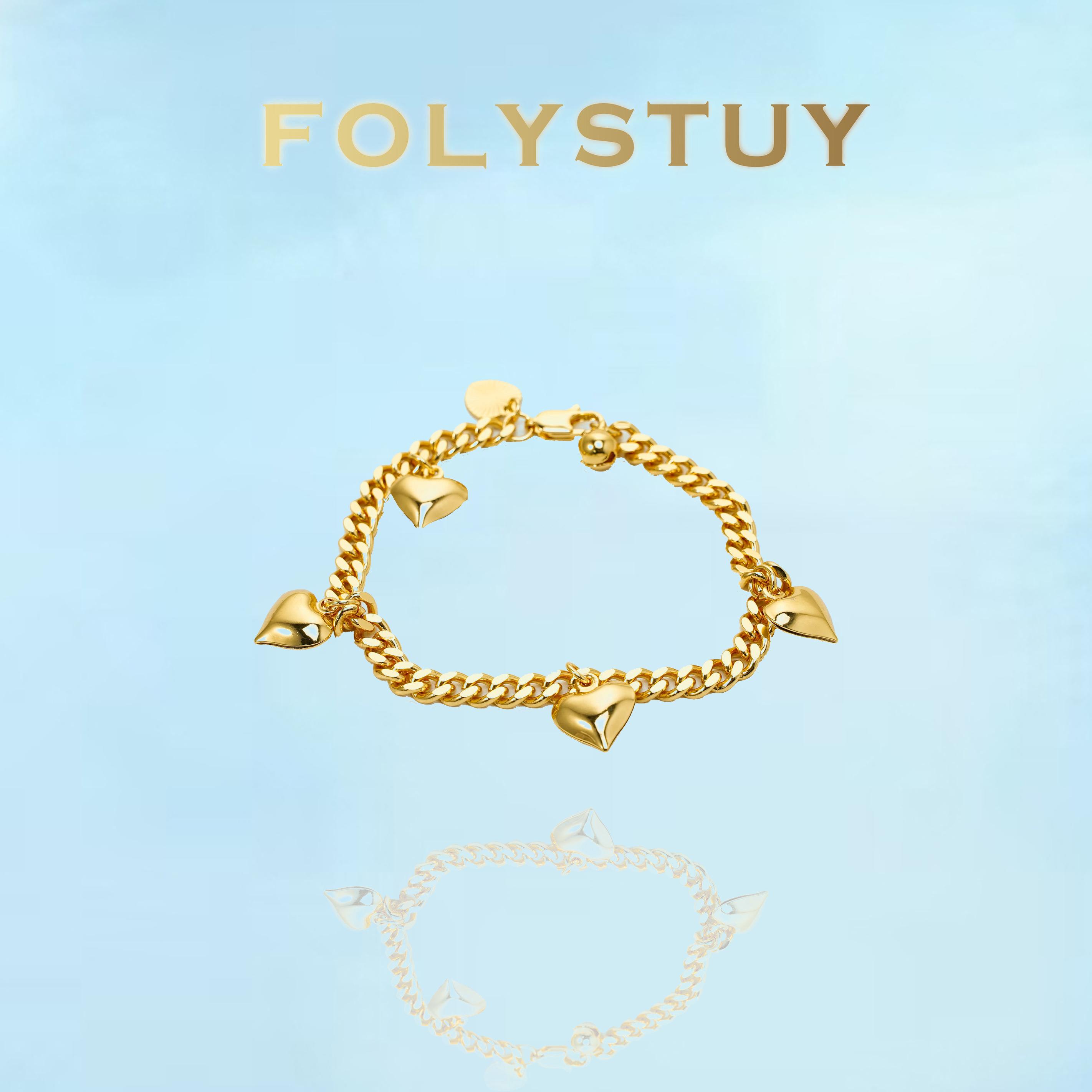 [FOLYSTUY (W161)]Cuban Link Chain Bracelet with Multiple Heart Charms, 0.2" Width 7.48" Length, Elegant Statement Wrist Bangle for Daily Wear & Gifting