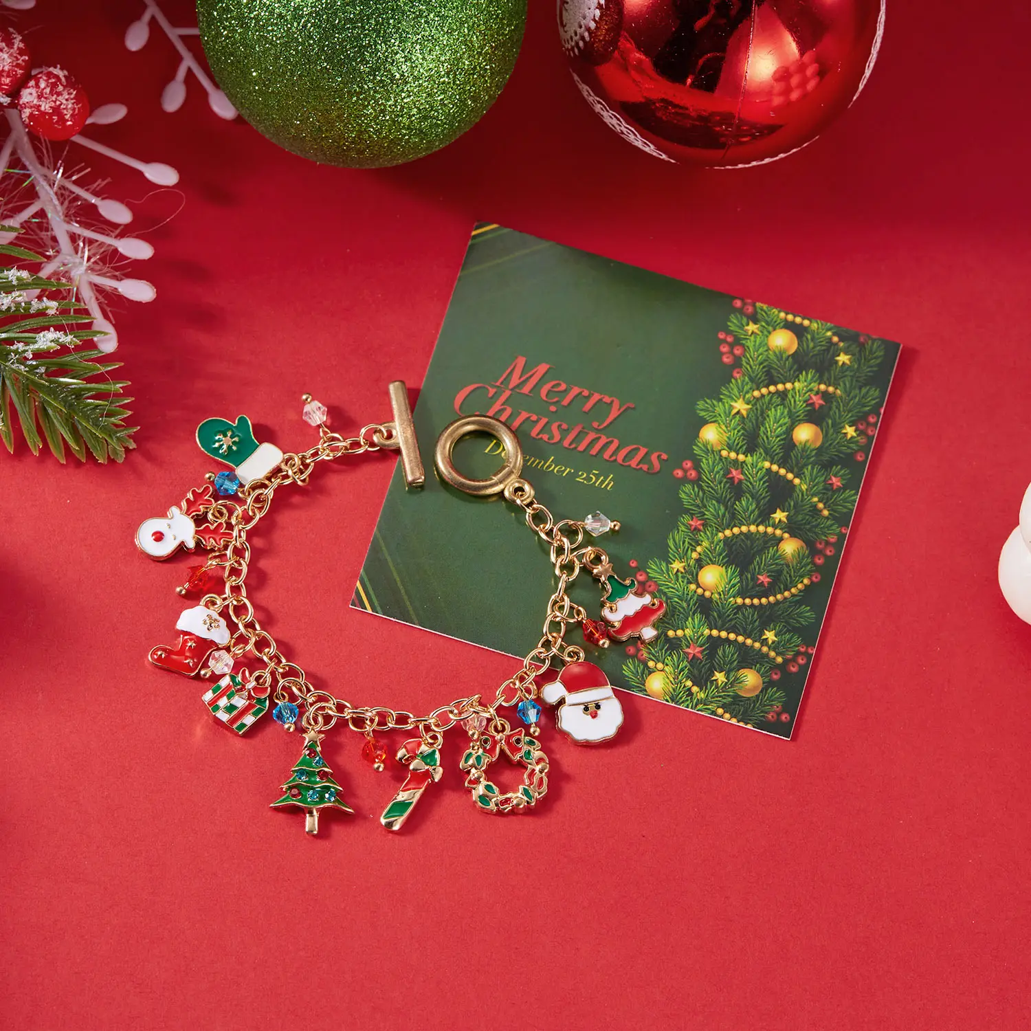 Festive Christmas Charm Bracelet 10cm Christmas Tree Style with Bag Clip Holiday Jewelry Gift in Christmas-Themed Box