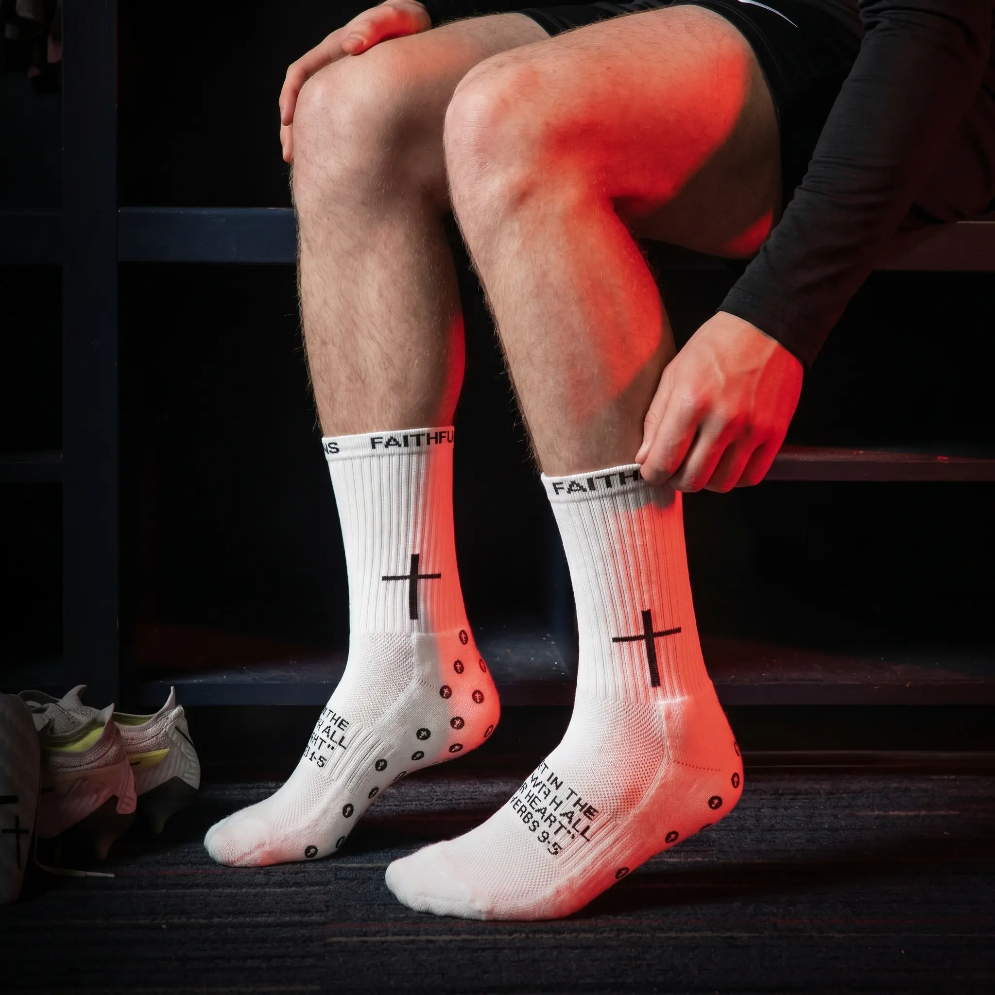 Men's VeloxStep-Cross Performance Mid-Calf Grip Socks - Sanskrit Design, Anti-Slip Rubberized Bottom, Sports Logo Graphic, Cross Element Graphic, Ideal for Soccer, Gift Option, Sports Logo Graphic Mid-Calf Socks
