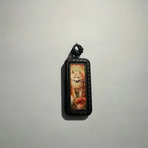 Custom small square Tangka painting box, hand-painted with gold leaf detailing, featuring a nine-tailed fox Tangka pendant