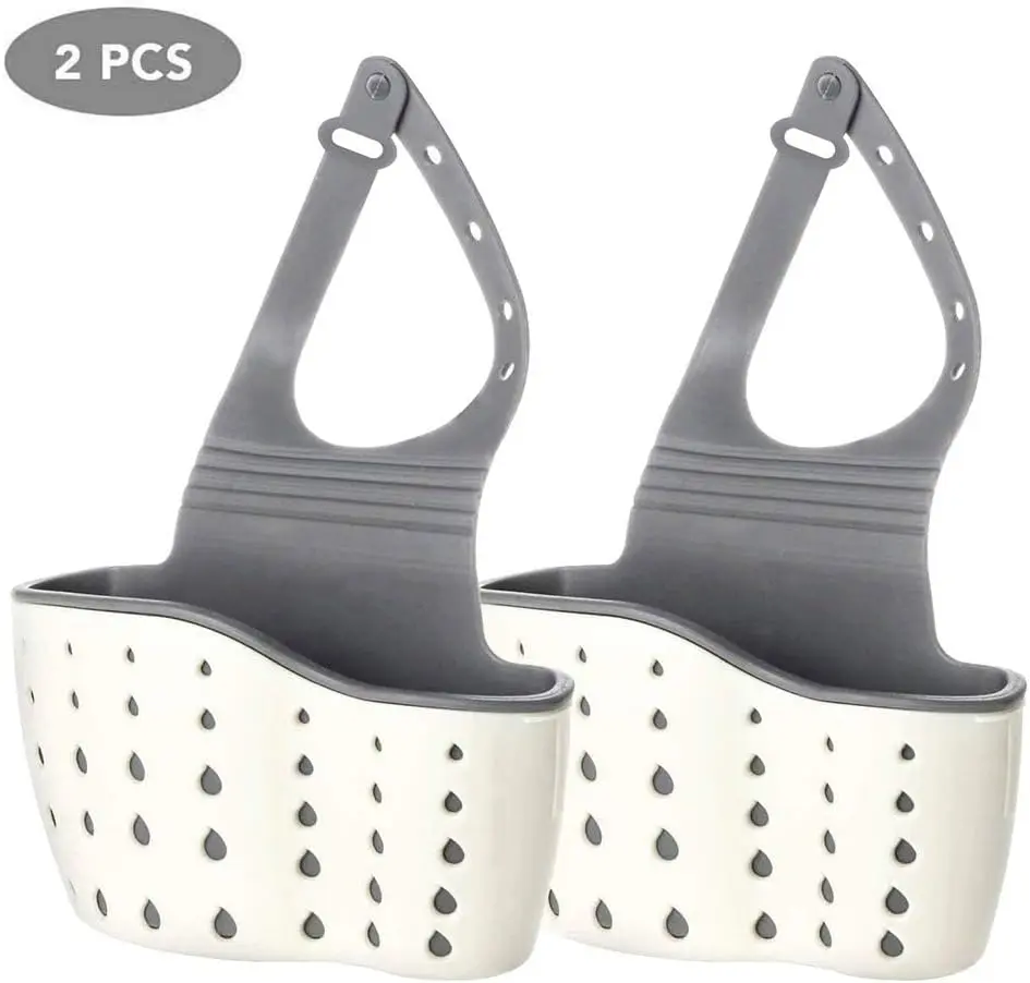 2Pcs Kitchen Sink Caddy Sponge Holder Silicone Plastic Soap Holder Hanging Ajustable Strap Faucet Caddy with Drain Holes for Drying