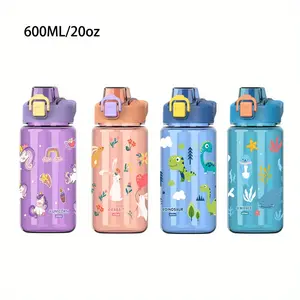 Cartoon Portable Straw Cup, Bpa-Free Pc Plastic 20.29oz Water Bottle for Outdoor, Leakproof Round Shape, Include Straw And Hand Strap