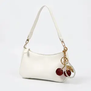 Women's Shoulder Bag, Underarm Bag with Cherry Decoration and Chain, Elegant and Exquisite Solid Color PU Crossbody Bag, Fashionable White Tower Girl Handbag, Suitable as a Holiday Gift for Girlfriend, Party Shopping, Commuting, Dinner and Other Occasion