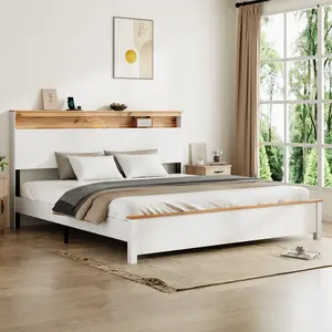 Rustic Farmhouse Bed Frame with Charging Station All Wood Storage Headboard Classic White Easy Assembly Quality Pine Wood Full Size Bed 86.10x77.32x44.09 inches