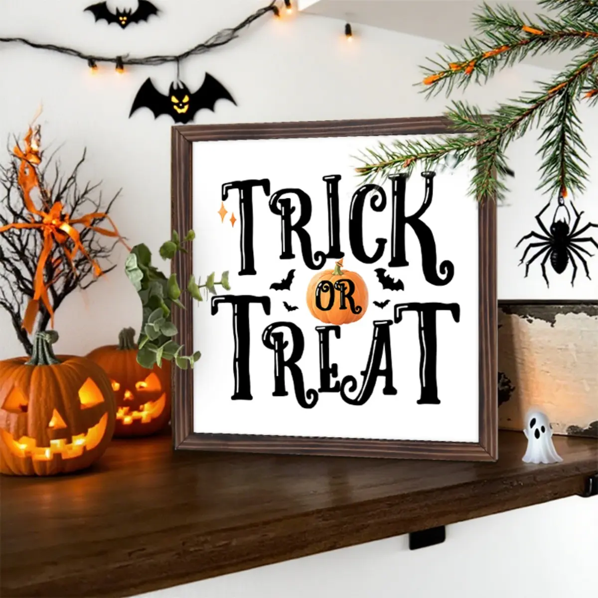 Halloween Pumpkin Wooden Decorative Photo Frame 8x8in, Halloween Wall Decor, Desktop Decoration, Holiday Gift for Sisters, Office Home Decor