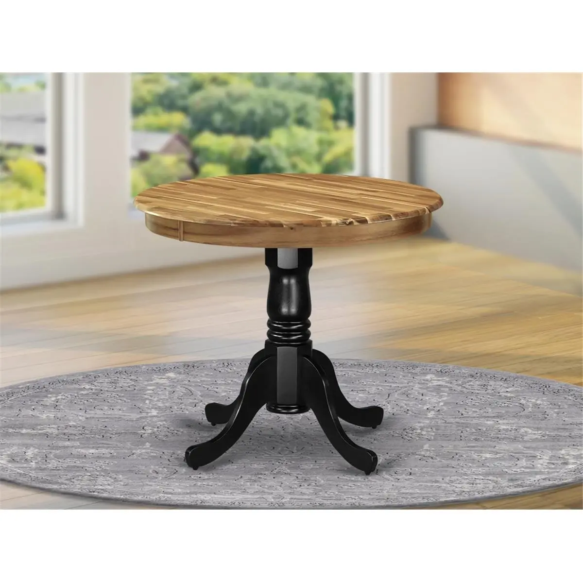 East West Furniture 36 in. Vintage Round Acacia Wood Dining Table - Wire Brushed Black Pedestal Base, Stable Indoor Round Shape Table, Acacia Dining Tables, Antique-Inspired Dining Tables