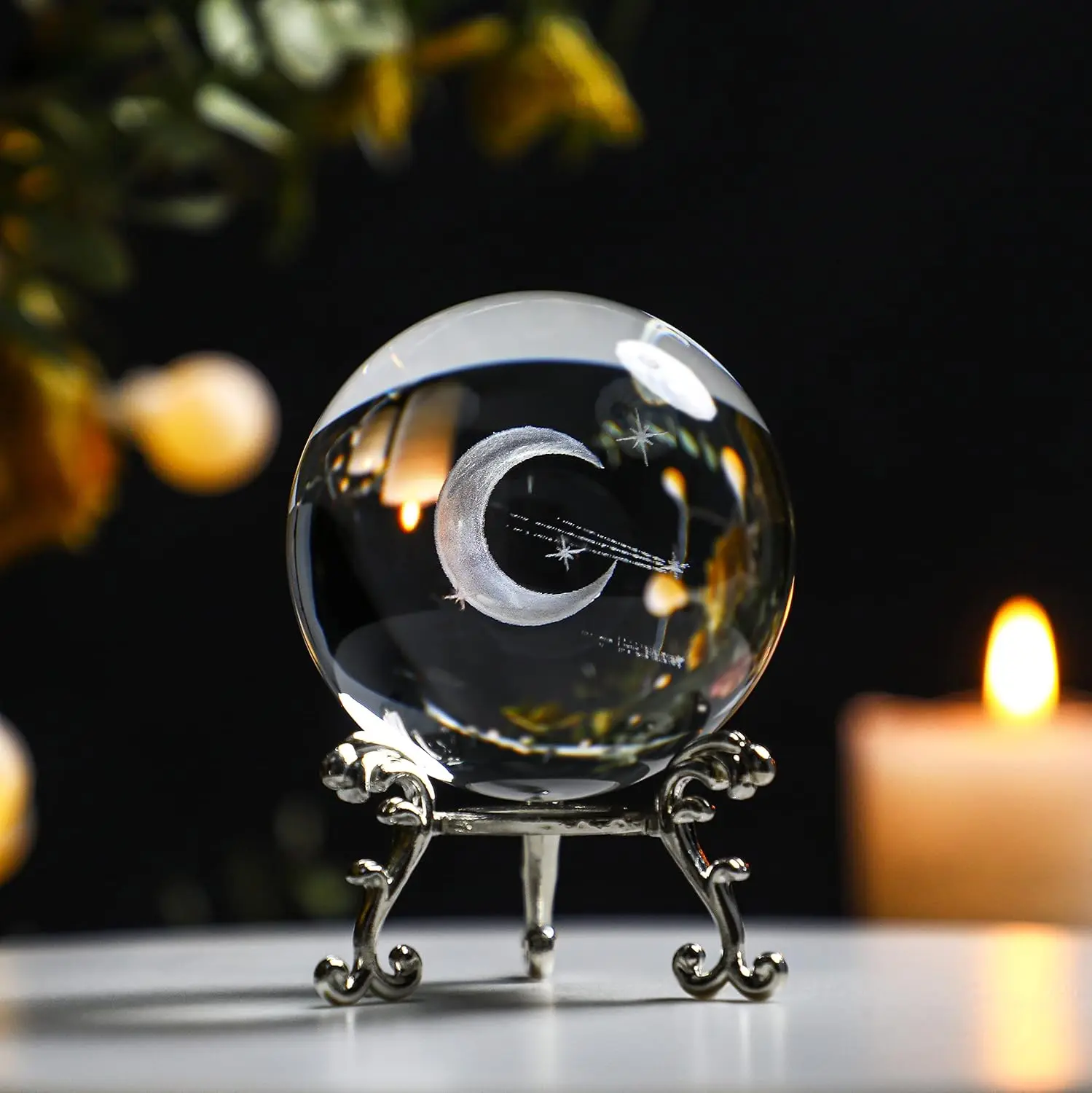 OneLight Crystal Moon Ball 60mm 3D Moon Planet Laser Engraved Crystal Ball Glass Sphere Paperweight Home Art Decor Crafts, Use as Gift for Beloved ones