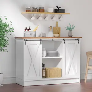 HOMBCK Farmhouse Coffee Bar Cabinet , 42” Buffet Sideboard Cabinet with Sliding Door, Sideboard Storage Cabinet