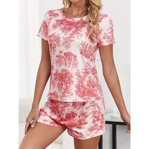 Short Sleeve Portrait Print Jersey Pajama Set - Soft, Relaxed Fit, Elegant Asymmetrical Design, Mid Elasticity, Crew Neck, Pullover, Random Printing - Comfortable All-Season Teen Pajamas for Women