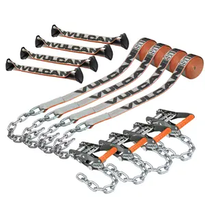 VULCAN 8-Point Roll Back Vehicle Tie Down Kit with Chain Tails on Both Ends - Set of 4 - Silver Series Tension Rope