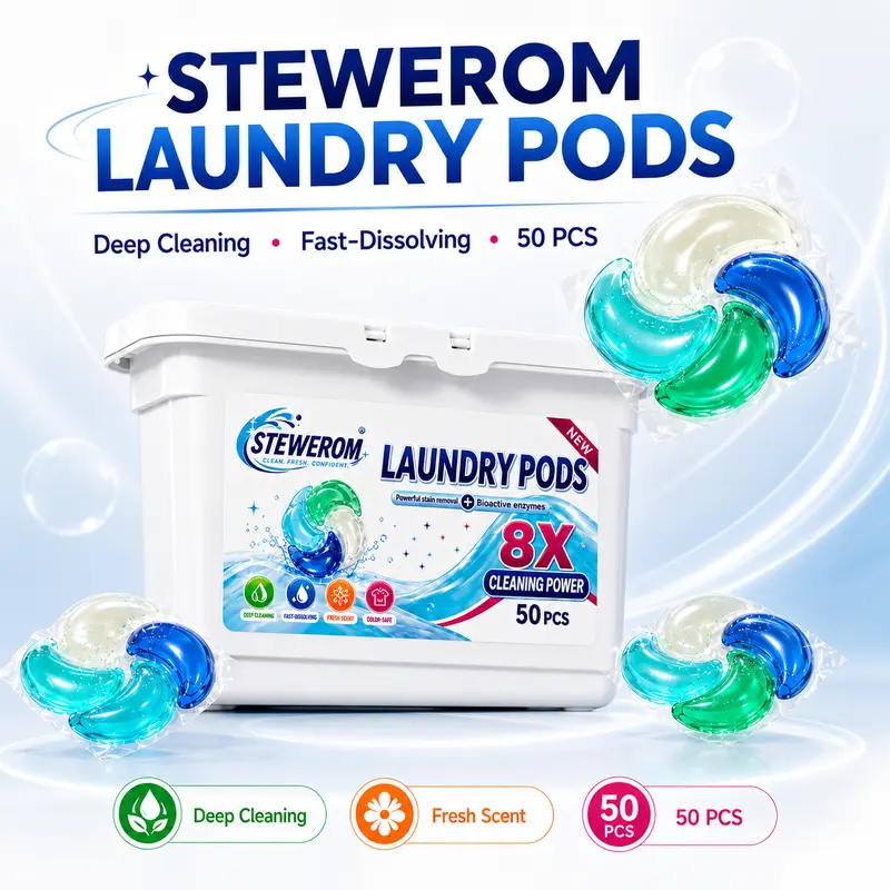 Stewerom 5-in-1 Household Laundry Fragrance Detergent Capsules, 50-Count Coconut Sea Breeze Toss-In Pods, Fast-Dissolve No Measuring All-Purpose Cleaners for 8 Tough Stains & Daily Use, Easy Toss & Wash Laundry Routine, Toss-In Pods, No Measuring