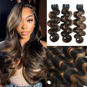 MISSTOO Brown Highlight Body Wave Human Hair Bundles Brazilian Remy Ombre Blonde Wavy Sew in Piano Color T1B/30 Human Hair Weave Bundles