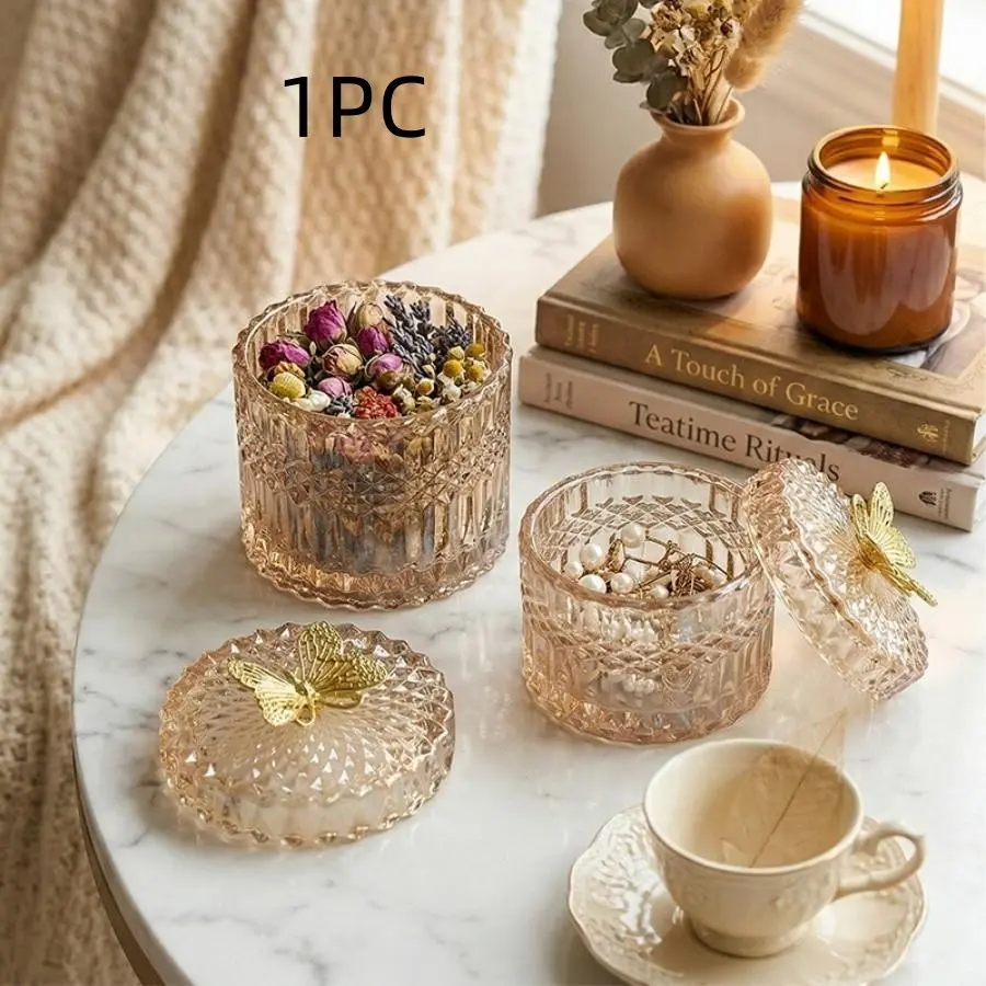 Creative Crystal Glass Butterfly Storage Jar, Glass Storage Container, Home Bedroom Decor, Jewelry Box, Makeup Cotton Holder, Toothpick Organizer, Decorative Jar, Glass Storage Jars