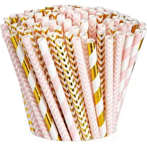 [200 Pack] light Pink &  Paper Straws Disposable,  Biodegradable Multi- Party Straws For Birthday, Wedding and Holiday Decoration - Formerly Comfy Package