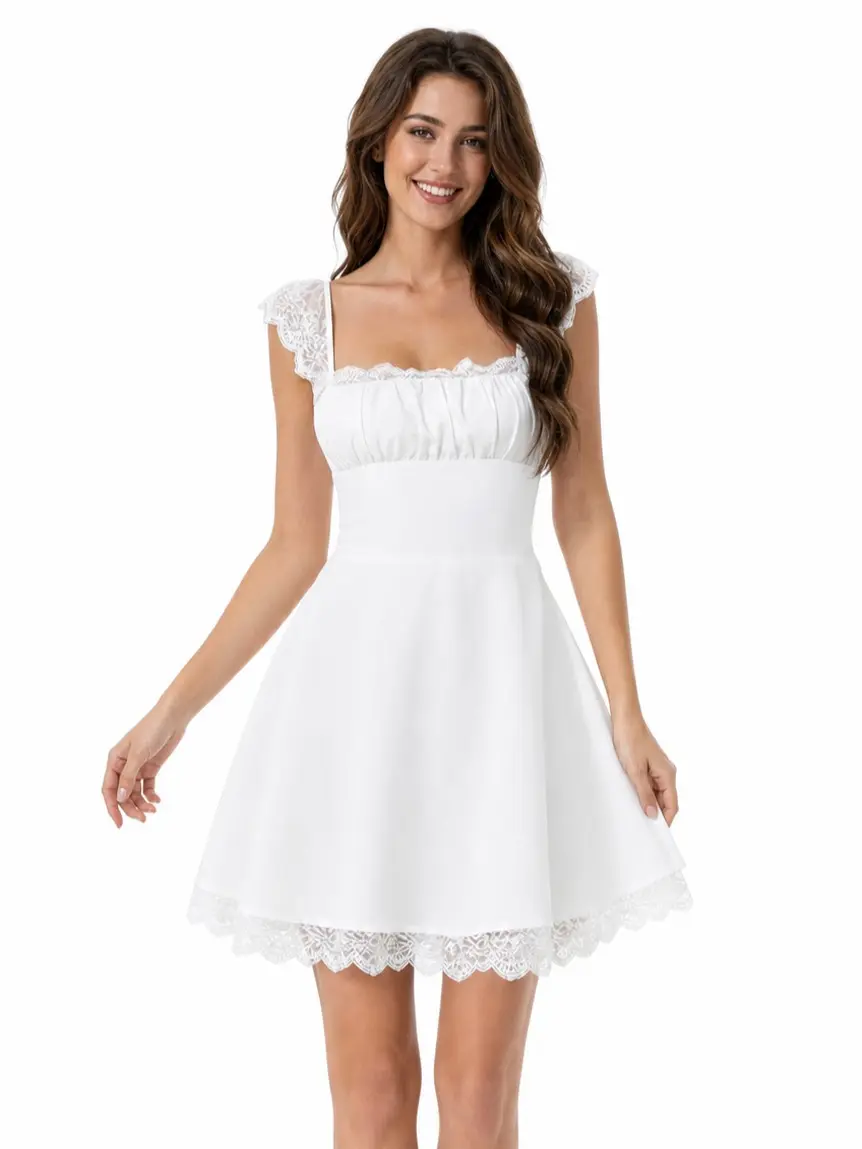 Women's Solid Color Square Neck Sleeveless Mini Dress, High Waist A Line Short Dress with Ruched Bust and Scalloped Hem, Elegant Party Cocktail Summer Dress