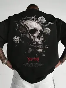 Men's Graphic T-Shirt, Thorn Skull New York Letter Print, Casual Short Sleeve, Loose Fit, Spring & Fall, Outdoor Fashion