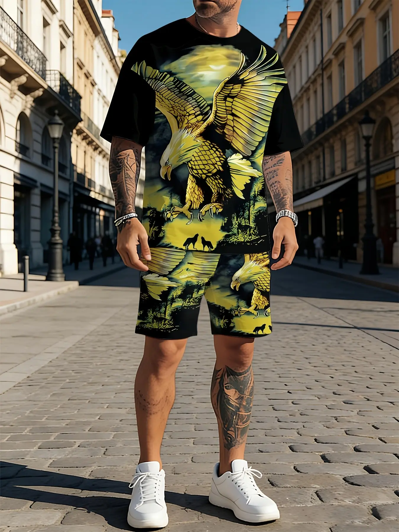 Stylish Men's Summer Suit: Short-sleeved T-shirt with 3D eagle print and casual athletic shorts, perfect for outdoor activities.