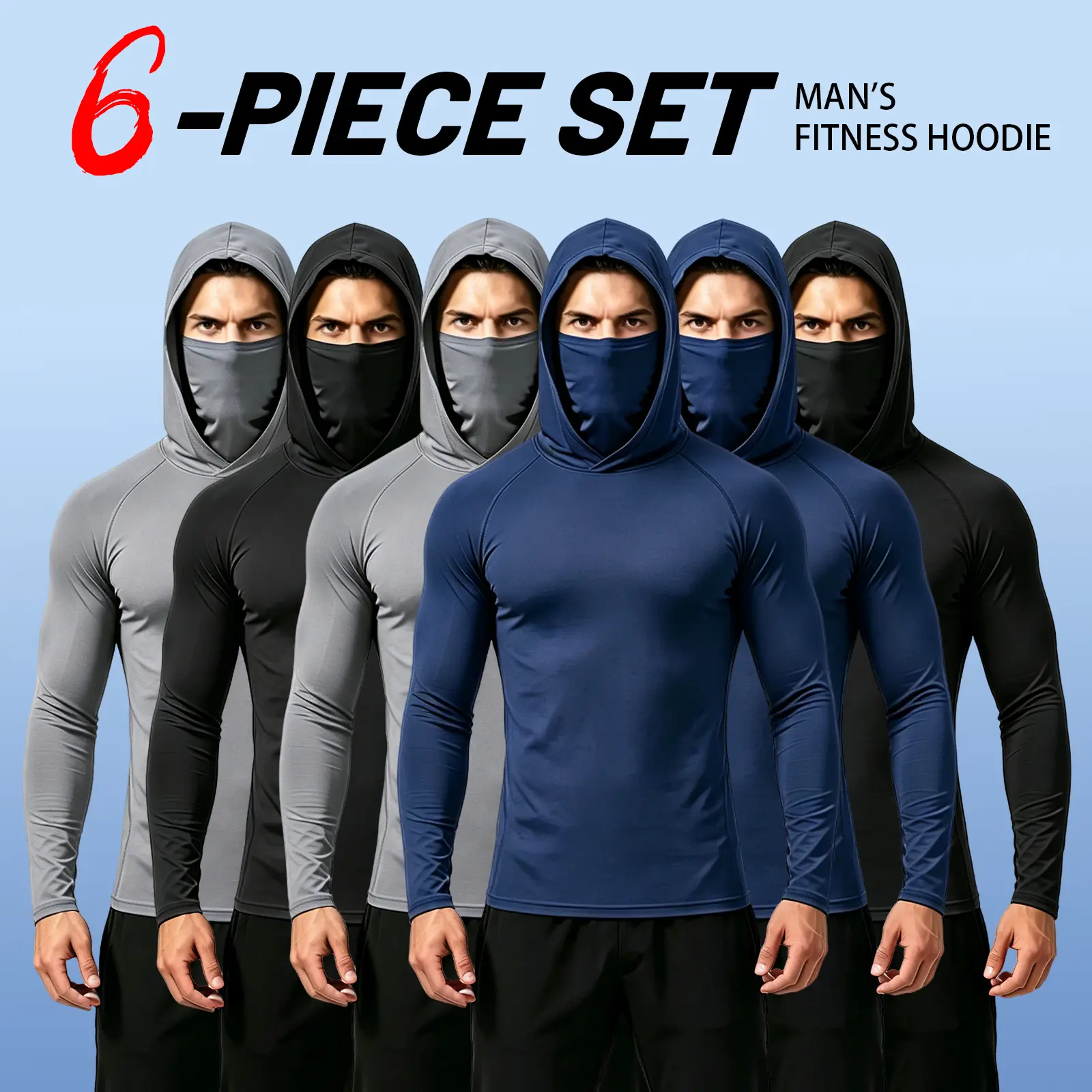3/6-Piece Men's Casual Hoodie Pullovers with Built-in Face Mask for Fishing Cycling Running Gym Workout, Blue Black Gray Slim Fit Long Sleeve, Lightweight UPF Sun Protection, Soft Breathable, Versatile Machine Washable Multi-Occasion Stylish Menswear, Ath