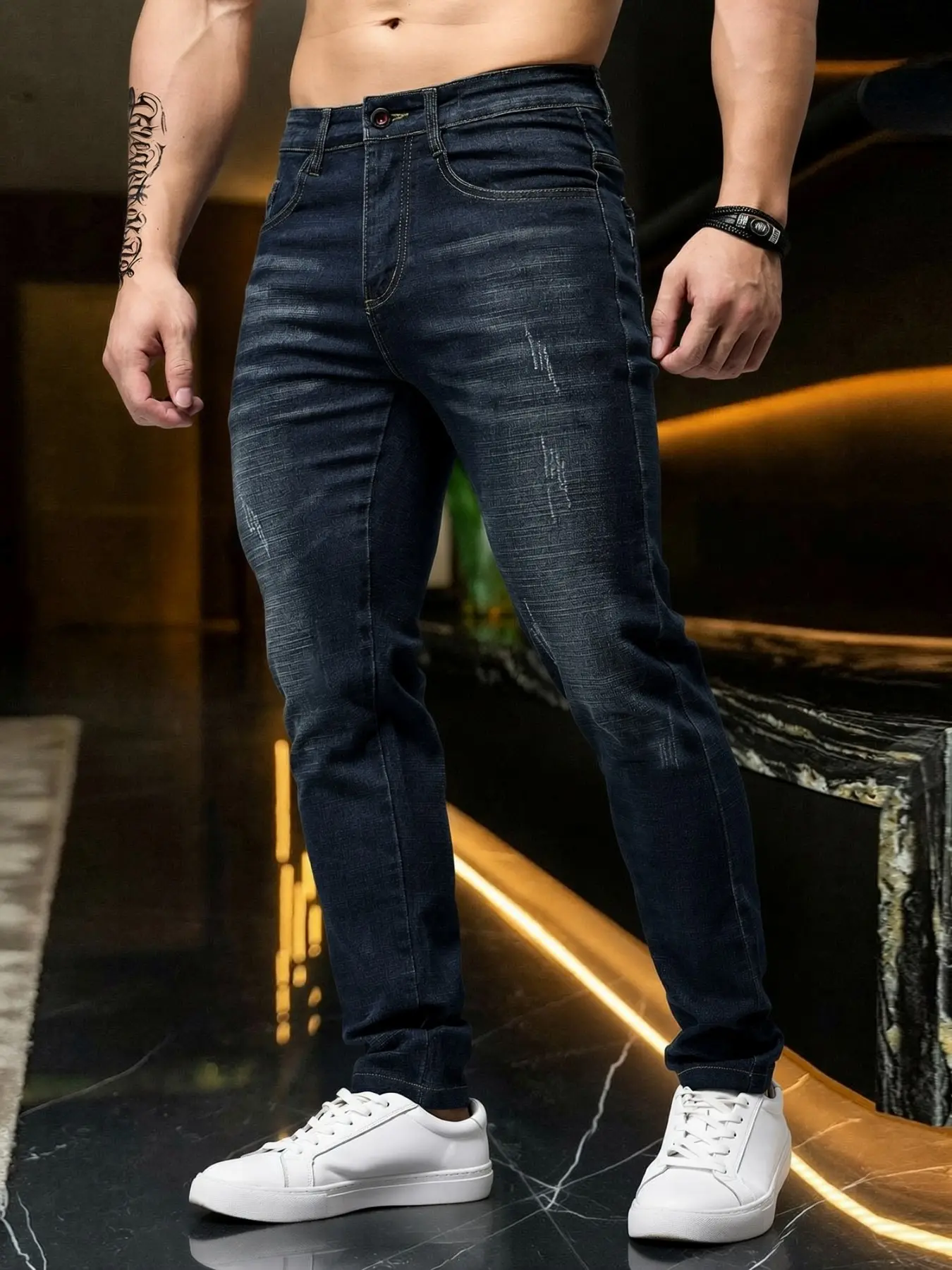 Men's Stretchy Elastic Slim-Fit Straight Leg Jeans, Business Office Versatile Denim Pants, Casual Trendy Streetwear Natural Waist Zipper Fly Bottoms for All Seasons, High Quality Jeans, Classic Casual Jeans, Plain Denim Pants, Menswear