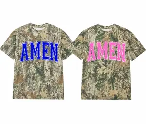 AMEN Camo Puff Print T-Shirt | Bold Blue Lettering Tree Pattern Streetwear Tee