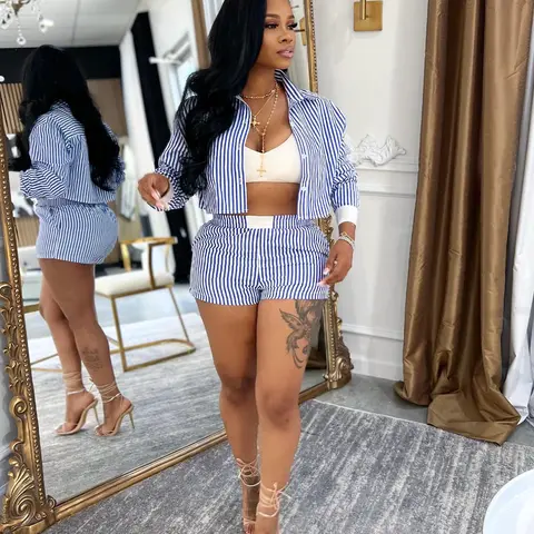 Women's Striped Print Crop Shirt & Shorts, Casual Short Sleeve Collared Top & Shorts for Daily Wear, Ladies Two-piece Outfits for Spring & Summer, Blouse Shorts Set, Matching Clothing Set, Casual Fashion Set