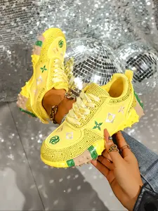 Women's New Colorful Rhinestone Dad Shoes, Luxurious Water Diamond Sporty Casual Thick Sole Glitter Design Trendy Sneakers, Versatile Fashion Footwear, Thick Soled Sneakers, Rhinestone Embellished Sneakers