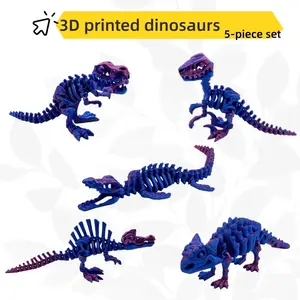 5-Piece 3D Printed Dinosaur Model Toy Set, Features Articulated Joints, Includes Ankylosaurus, Mosasaurus, Spinosaurus, T-Rex, and Velociraptor for Home Decor and Birthday Gifts