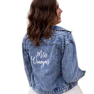 Personalized Bridal Denim Jacket Custom Mrs Last Name or Bride Name Embroidered Pearl Detail Bachelorette Outfit Wedding Gift Idea