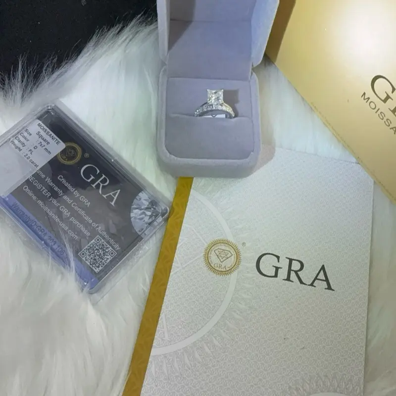 GRA Square Cut Moissanite Ring 2 Carat NNU029 with Certificate of Authenticity and Elegant Presentation Box