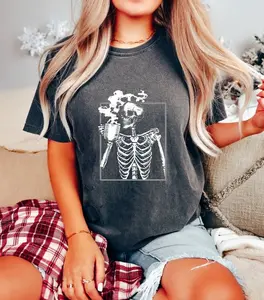[Sale off up to 50%] Comfort Colors® Skeleton Drinking Coffee Shirt, Skeleton Coffee Tee, Skeleton Fall Shirt, Comfy Skeletons T-Shirt, Coffee Lover Shirt