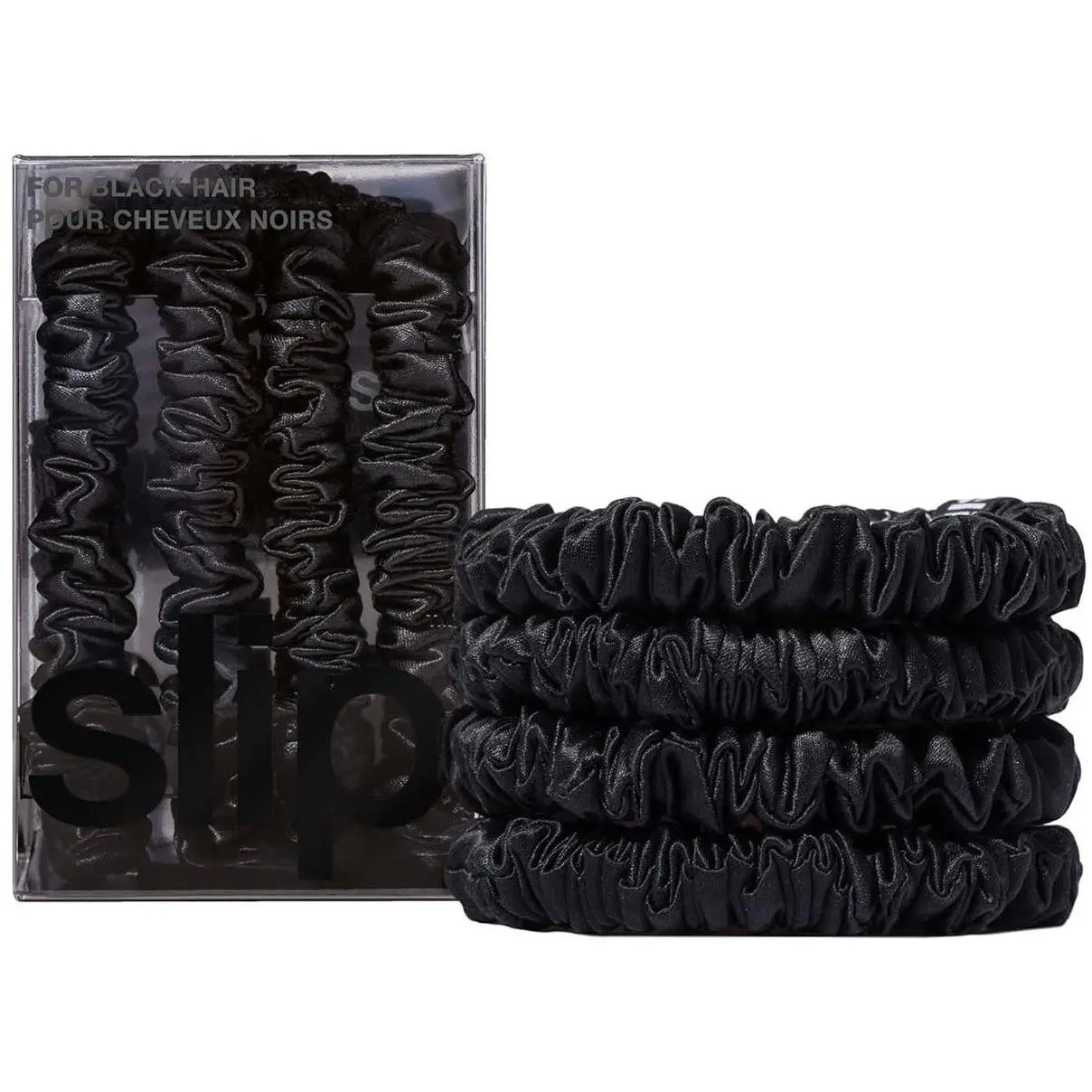 Slip Silk Skinny Scrunchies Set - 4-Piece Elastic Hair Rubber Bands, Dermatologists-Approved Hair Styling Products with Gentle Hold, Black (850004304006)