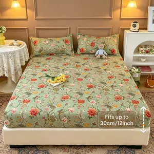 Vintage Floral Bed Sheet Set, 3-Piece Fitted Bedsheet Set, Non-Slip Dust-proof, Single Twin Full Queen King Size, 12 Inch Deep, Includes 1 Bed sheet & 2 Pillowcases, Bed Sheets Set
