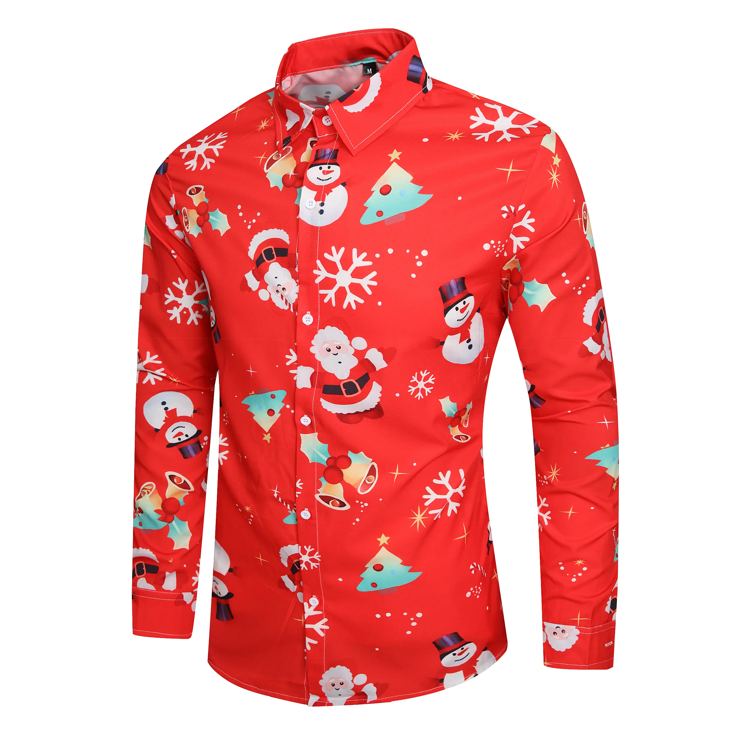 JUNBAOSS Menswear Men's Classic Regular-Fit Soft Polyester Long-Sleeve Button-Down Shirt - Santa, Snowman, Snowflake Ugly Christmas Print, Natural Flower Hawaiian Accents, Stylish Holiday Party & Casual Wear, Fabric
