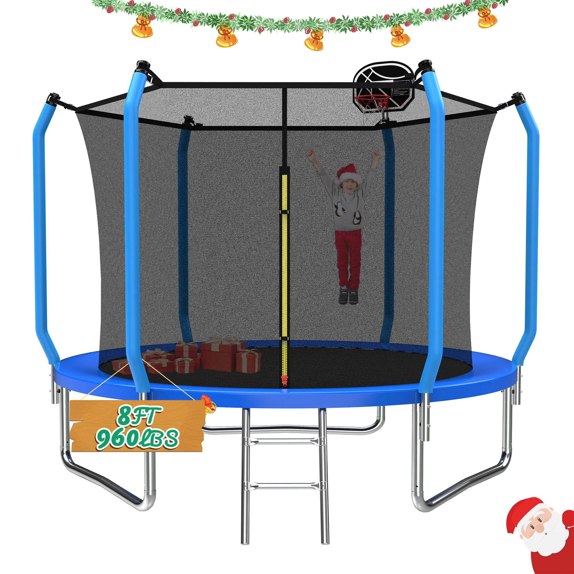 8ft Outdoor Trampoline for Kids - ASTM Approved Heavy-Duty Galvanized Steel Trampoline with Basketball Hoop, Air Pump, Safety Enclosure Net, Ladder, Blue, Ideal for Kids & Adults, Holiday Gift Option, Trampoline Outdoor