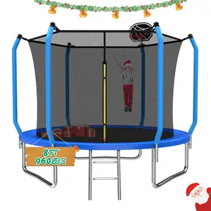 8ft Kid Trampoline Outdoor with Basketball Hoop, Air Pump, Safety Enclosure Net & Ladder, ASTM Approved, Blue, Ideal for Kids & Adults, New Year & Birthday Gift