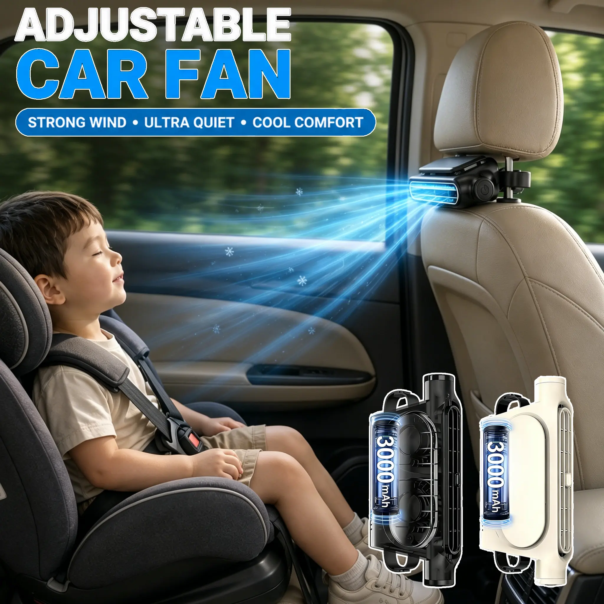 USB-Powered 5V Dual Turbo High Wind Power Car Seat Fan with Magic Tape, Independent Switch, Adjustable Air Outlet & Angles, Control, Universal Fit Wood Grain Design for Car Interior Rear Pillow Comfort