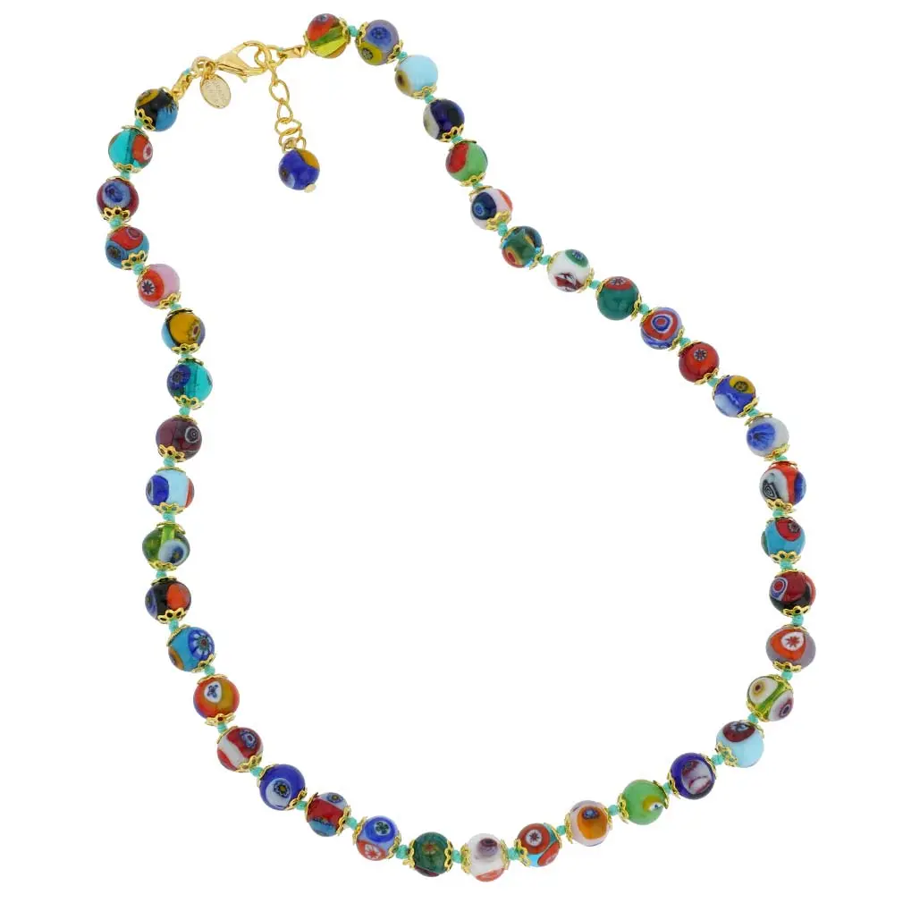 Women's Glass Of Venice Murano Blown Glass Necklace - 17-Inch Short Chain, Italian Handblown Millefiori Multicolor Mosaic Beads, Ideal for Special Occasions