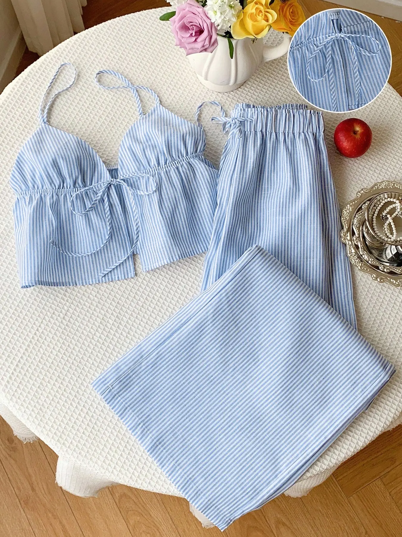 2-Piece Spring Summer Striped Fashion Outfit for Women, Tie Front Cami Crop Top & Wide Leg Long Pants Set, Y2K Style Travel Daily Wear