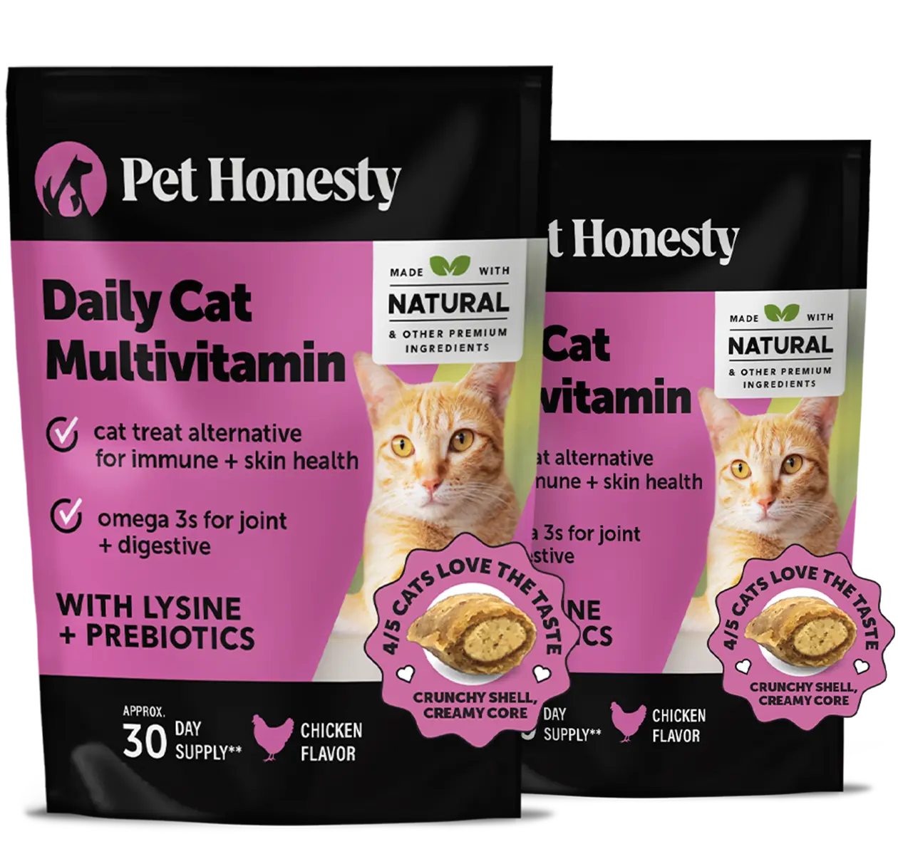 Pet Honesty Crunchy, Creamy Daily Multivitamin for Cat Treat Alternative (Chicken Flavor) 2-Pack (60 Day Supply) - Supports Immune, Heart, Joint, Skin & Gut Health Supplement for Cats with Natural Ingredients