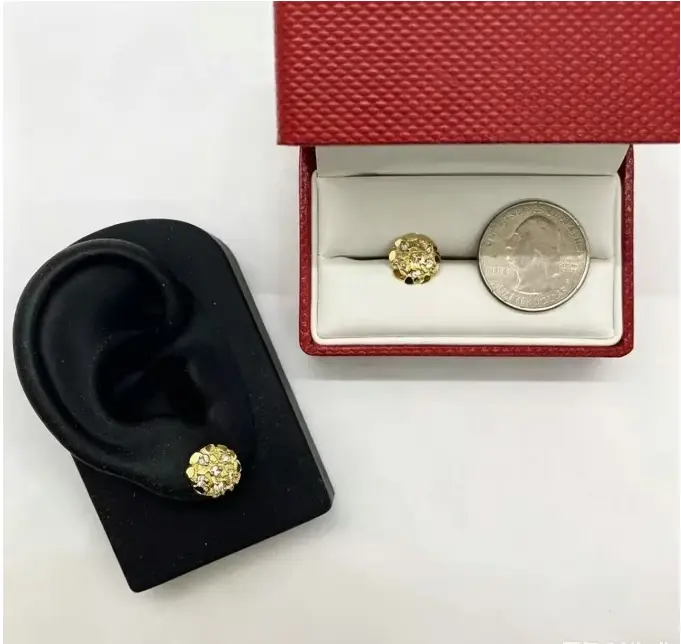14K Gold Plated Brass Golden Nugget Cookie Stud Earrings with Cubic Zirconia| Sizes XS8 / S10 / M12 / L14 / XL16 small exquisite trendy hoop earring Bulk Christmas Dangle Set multiple piercings boujee gift woman greenish spring statement jewelry heart ver