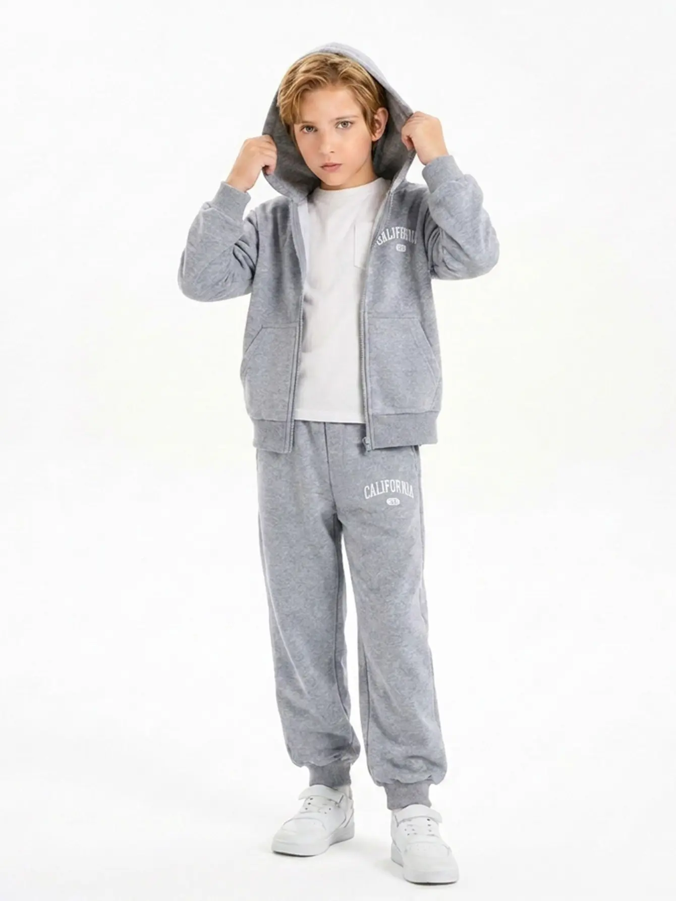 Boys 2 Piece Tracksuit Set, California Letter Print Full Zip Up Hooded Sweatshirt & Elastic Cuff Jogger Pants, Soft Long Sleeve Matching Sweatsuit, Casual Sports Activewear Outfit, Spring Fall Daily Play Clothes for Boys 3-12 Years Old