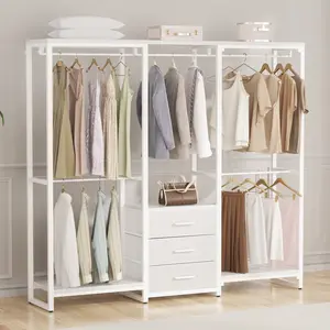 Heavy Duty Garment Rack Clothes Rack with Wood Stoarge Shelf ＆ 3 Fabric Drawers, Freestanding Wooden Closet System Wardrobe Rack,Clothes Hangable