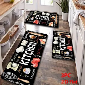 2/3 Piece Flannel Kitchen Mat Set, Decorative Rug, Kitchen Rugs Sets, Fun Kitchen Baking Tools & Food Patchwork Design, Unique Pattern, Anti-Slip, Absorbent, Water Absorbing Mat, Home Decor